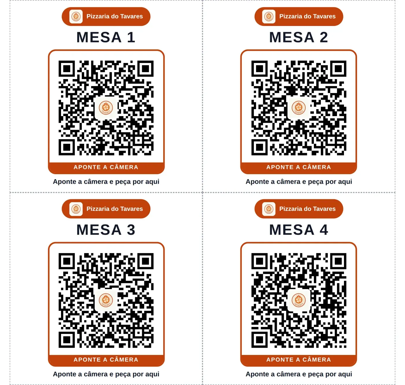 Adesivos de mesa impressos, cada um com o número da mesa, o logo da loja e o QR code