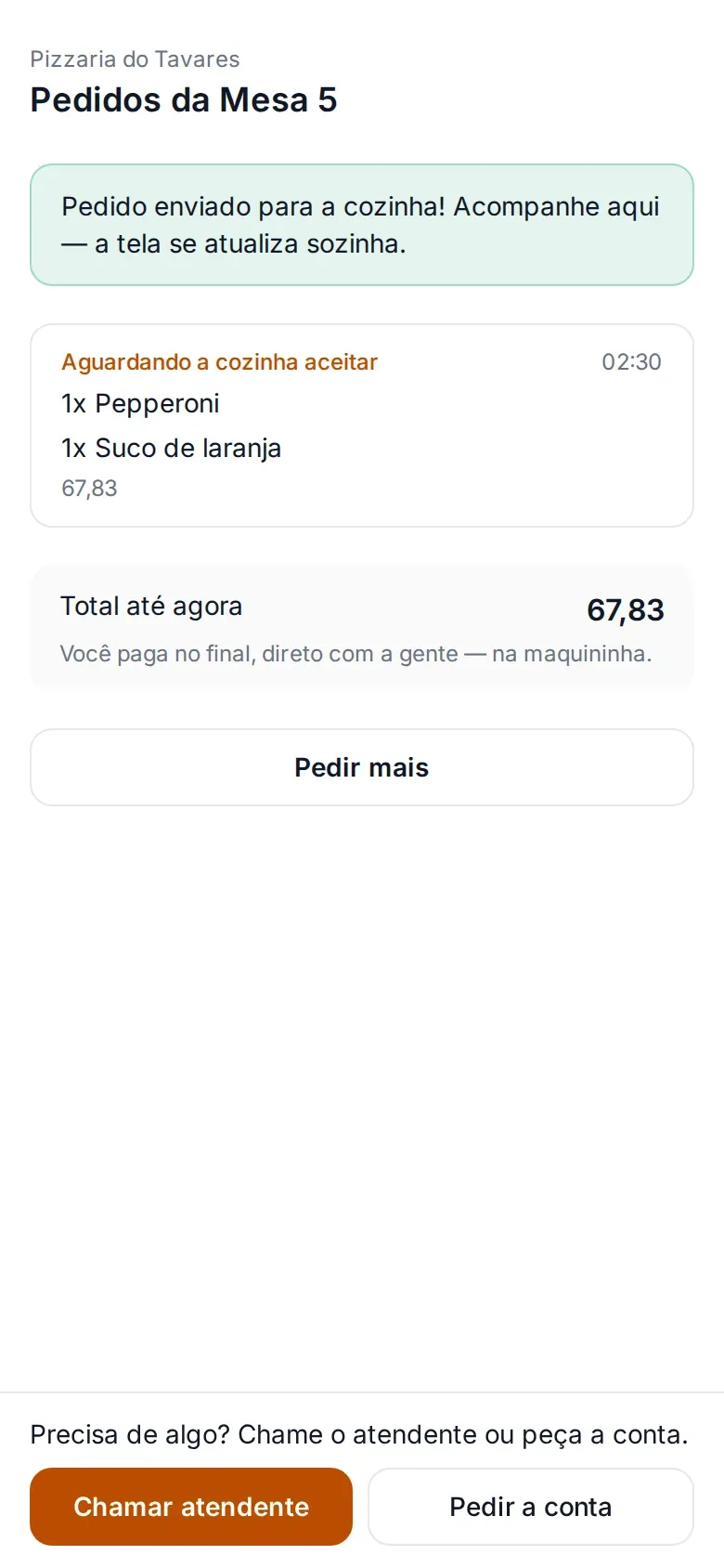 Pedidos da mesa 5 no celular do cliente, com o pedido enviado à cozinha e os botões de chamar o atendente e pedir a conta