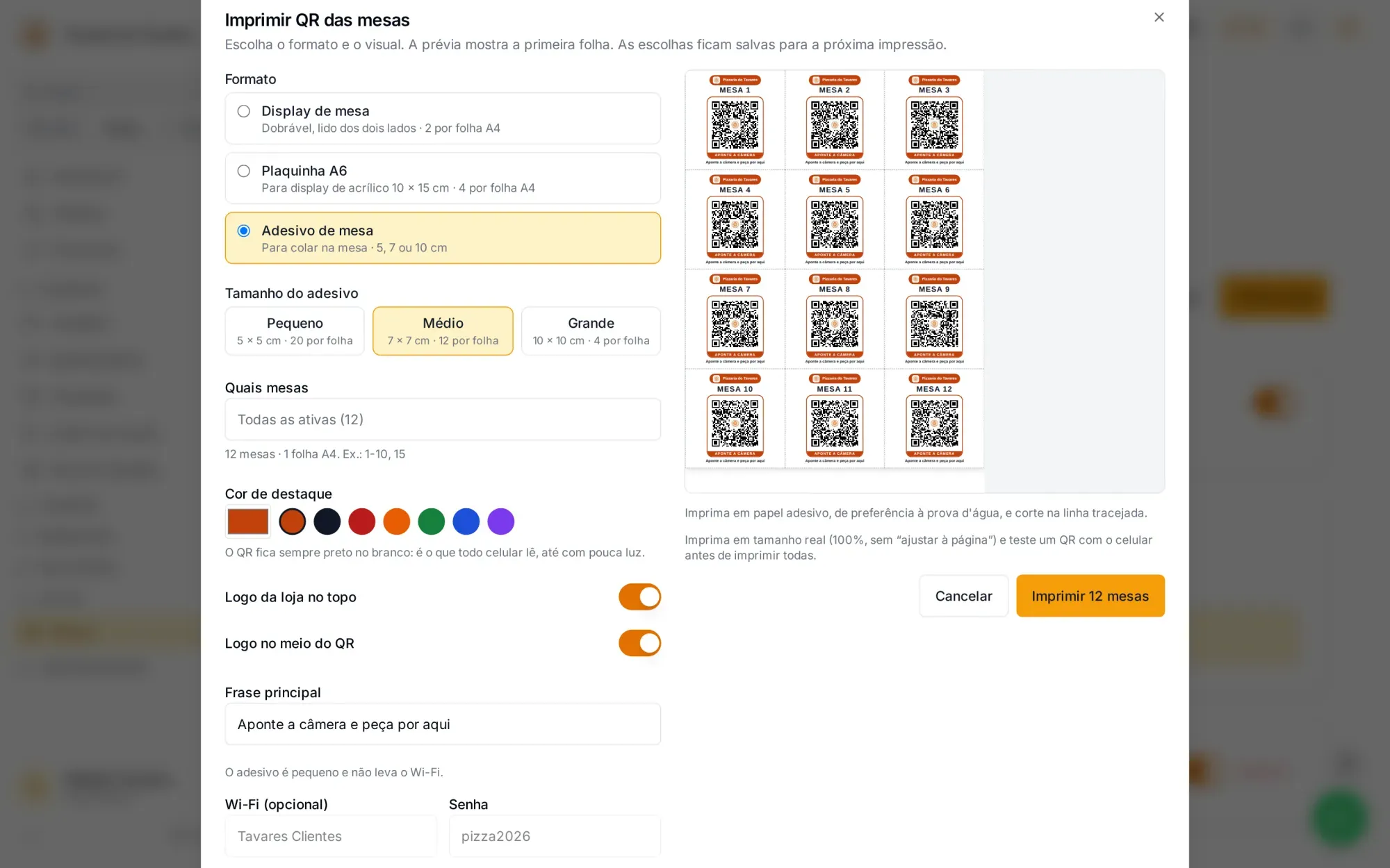 Tela de impressão dos QR das mesas, com formato, cor, logo e prévia da folha